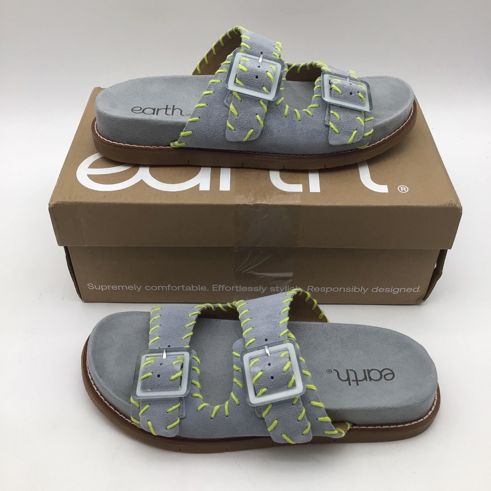 Earth Fausto Womens Light Blue Leather Whipstitch Buckle Sandals Size 6.5 M NEW